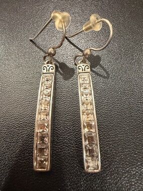 Brighton Silver Crystal Bar Drop Earrings - Clear Rhinestone Accent